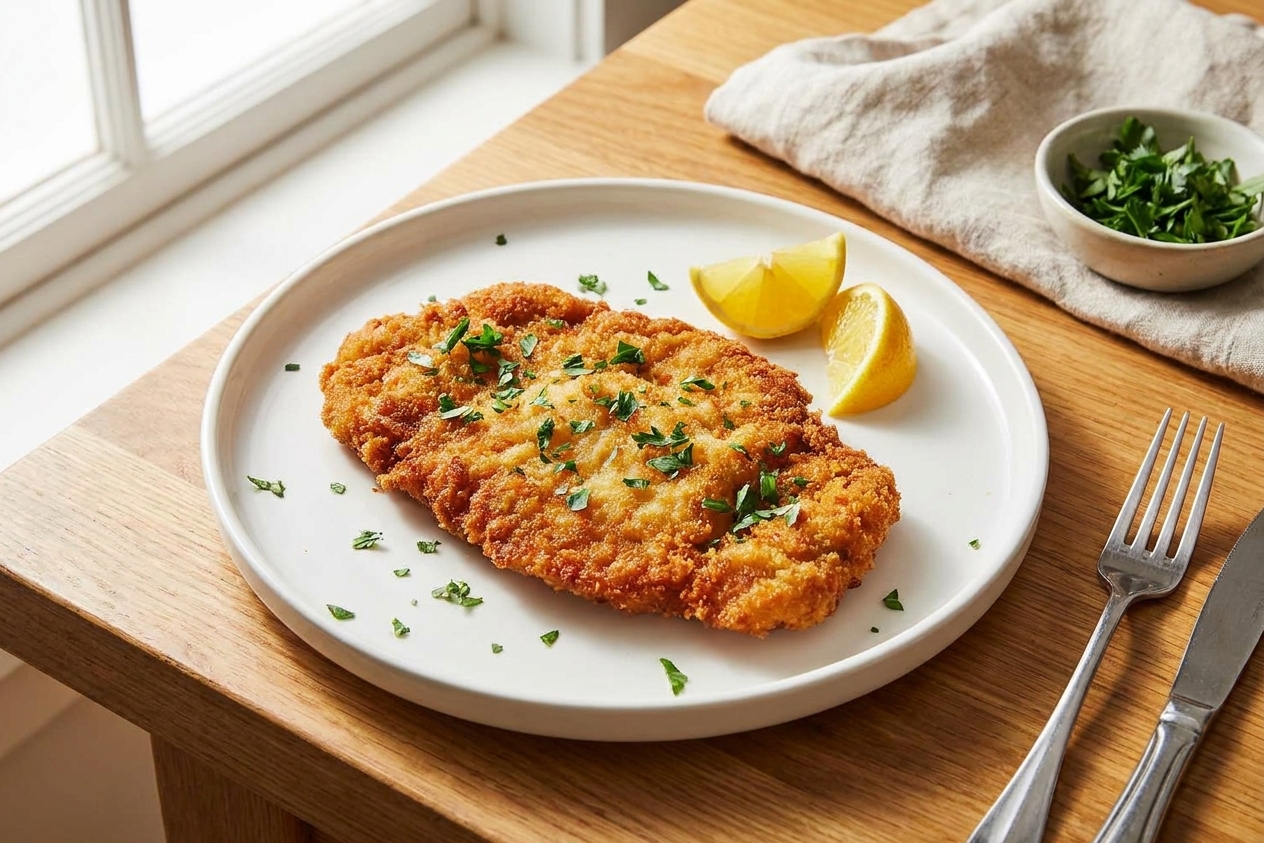 A golden-brown Wiener schnitzel on a white plate with lemon wedges and a sprinkle of chopped parsley, set on a warm-toned kitchen table with soft natural light