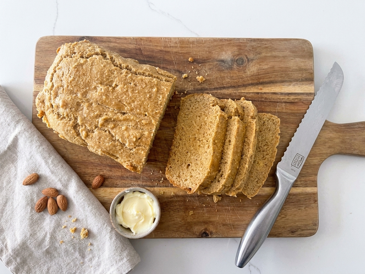 A golden brown almond flour bread loaf on a wooden cutting board with a few slices fanned out beside it on a bright kitchen counter