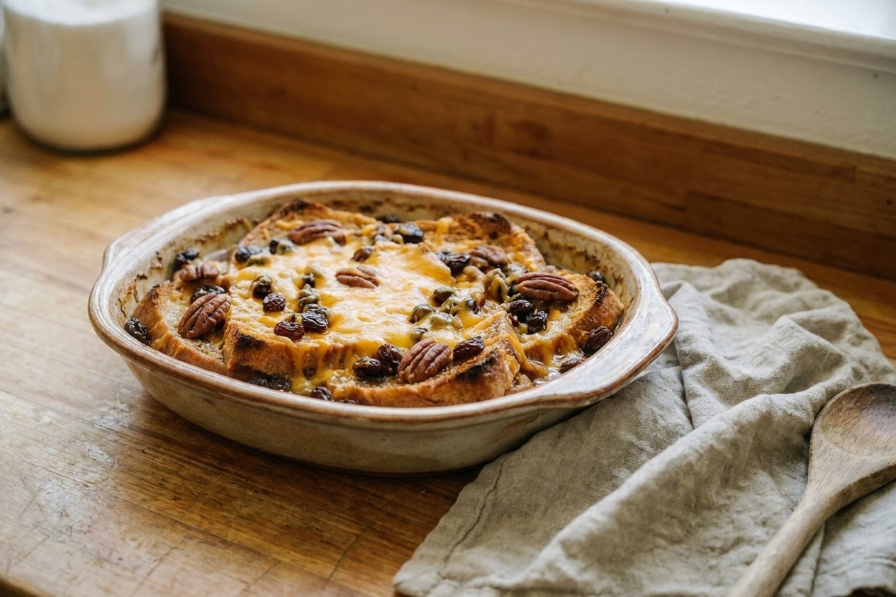A golden-brown baked capirotada in a rustic ceramic baking dish with visible raisins, toasted nuts, and melted cheese on top, sitting on a warm-toned kitchen counter in natural light
