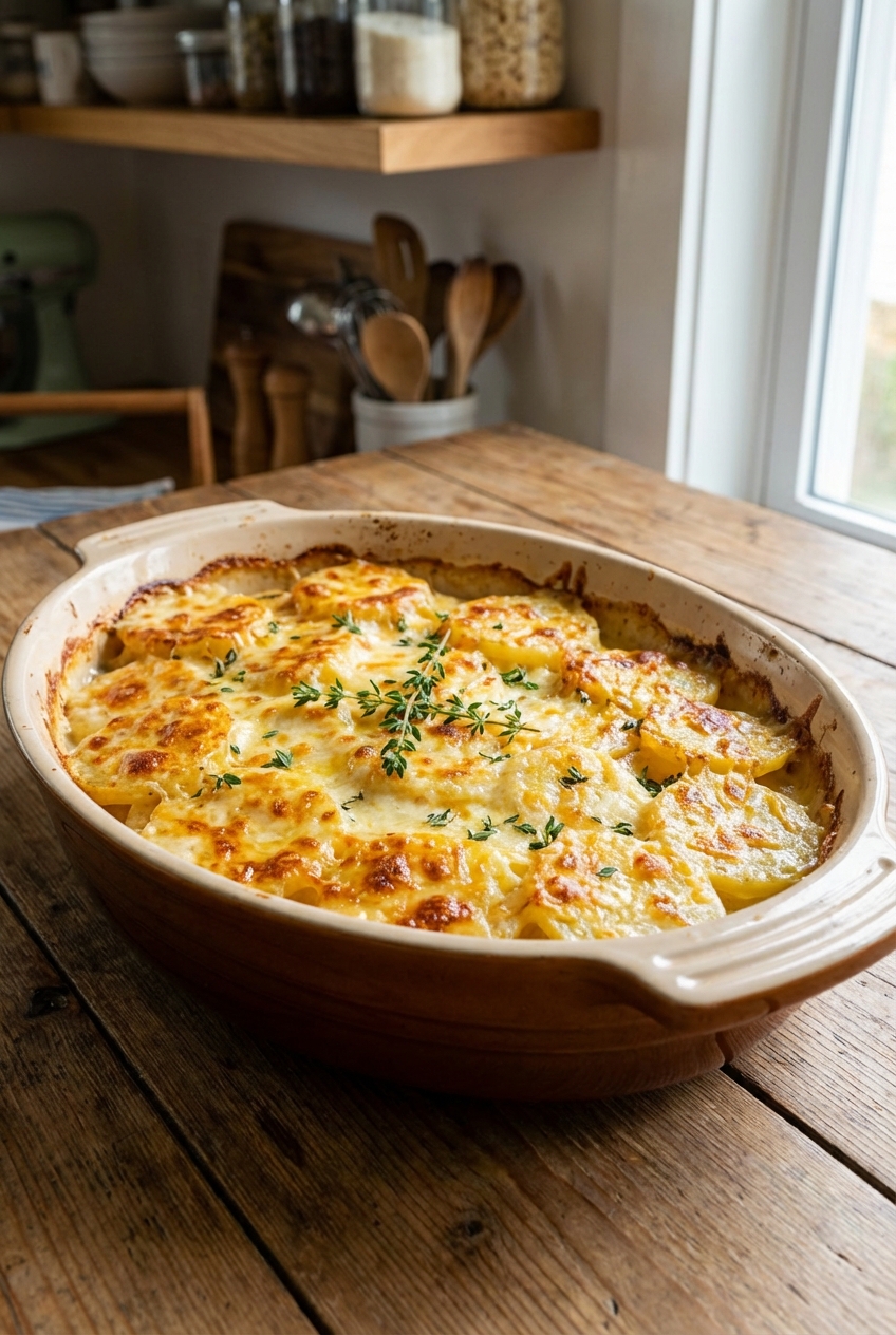 A golden brown baking dish of au gratin potatoes with a bubbly cheese crust and fresh thyme on top on a wooden table