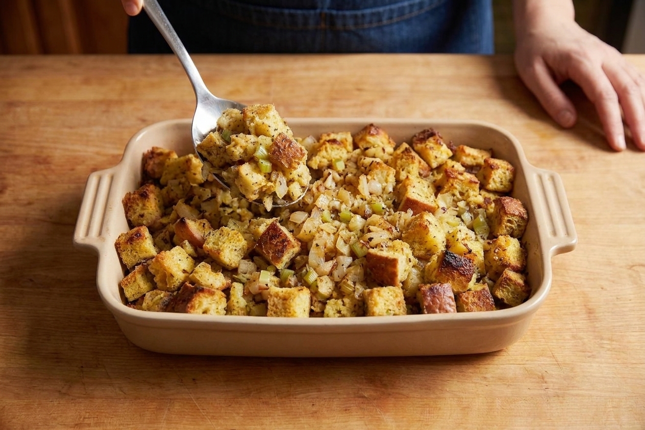 A golden-brown baking dish of classic bread dressing with crisp edges and flecks of sage, set on a wooden table with a serving spoon