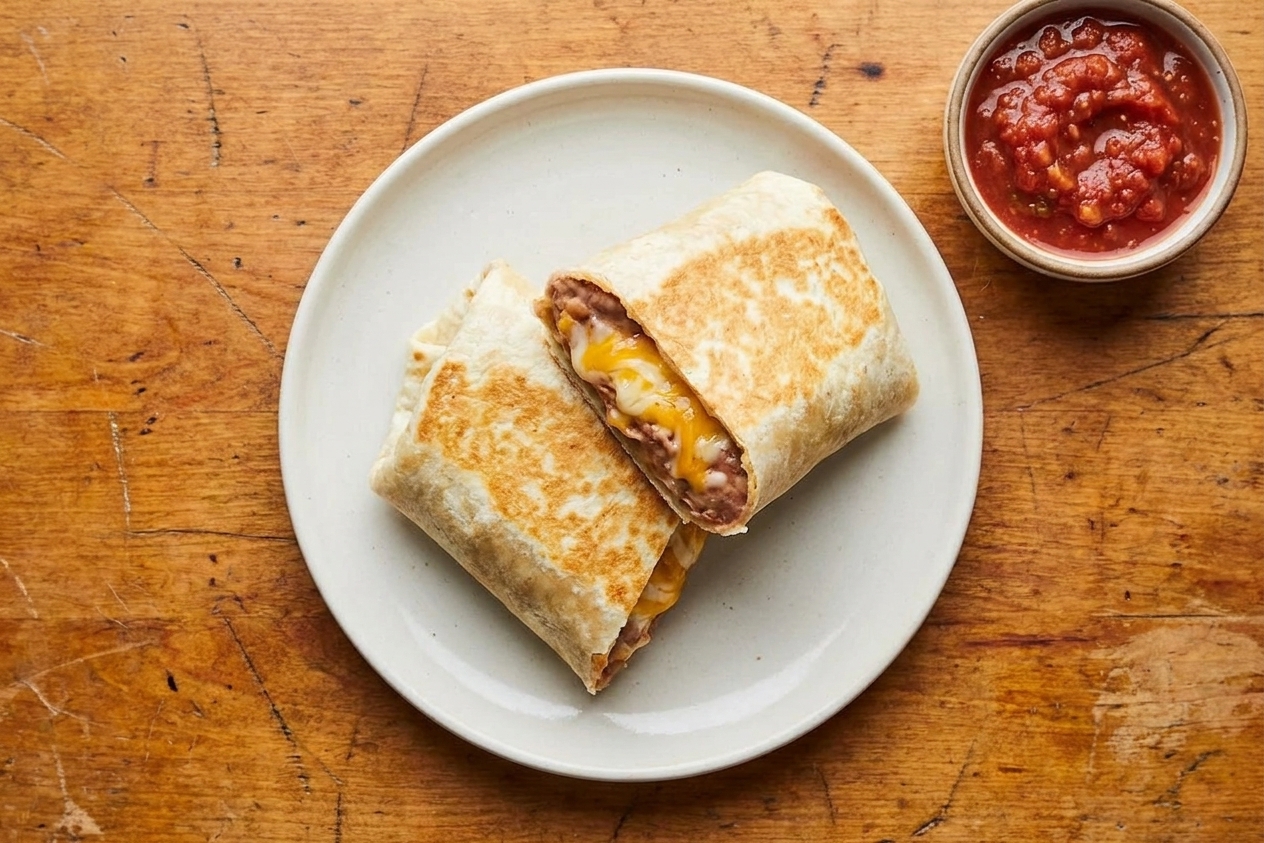 A golden-brown bean burrito cut in half on a simple ceramic plate, showing creamy beans and melted cheese, with a small bowl of salsa on a warm wood table
