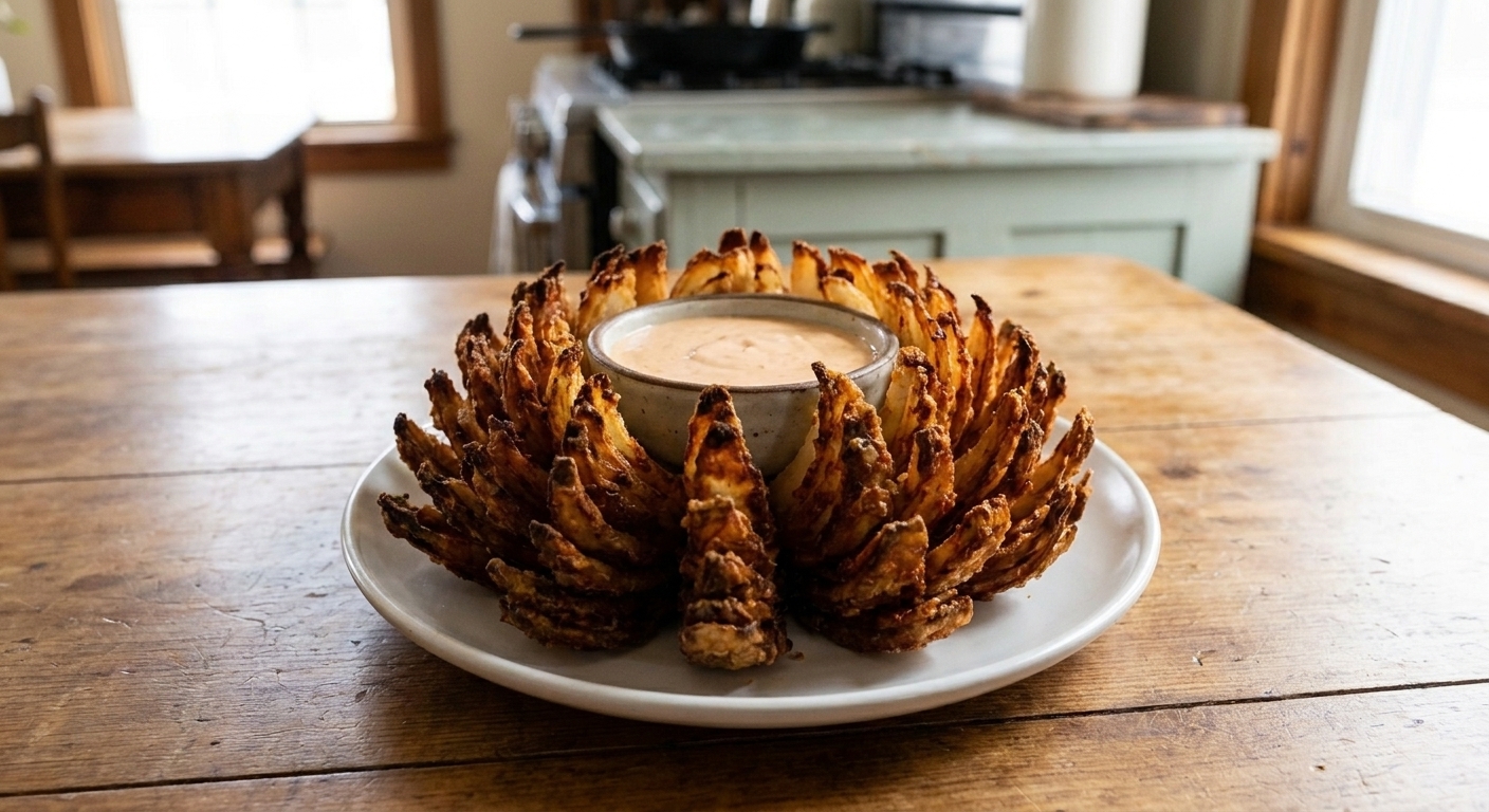 A golden brown bloomin onion with crisp petals arranged like a flower on a white plate, a small bowl of creamy dipping sauce in the center on a warm kitchen table