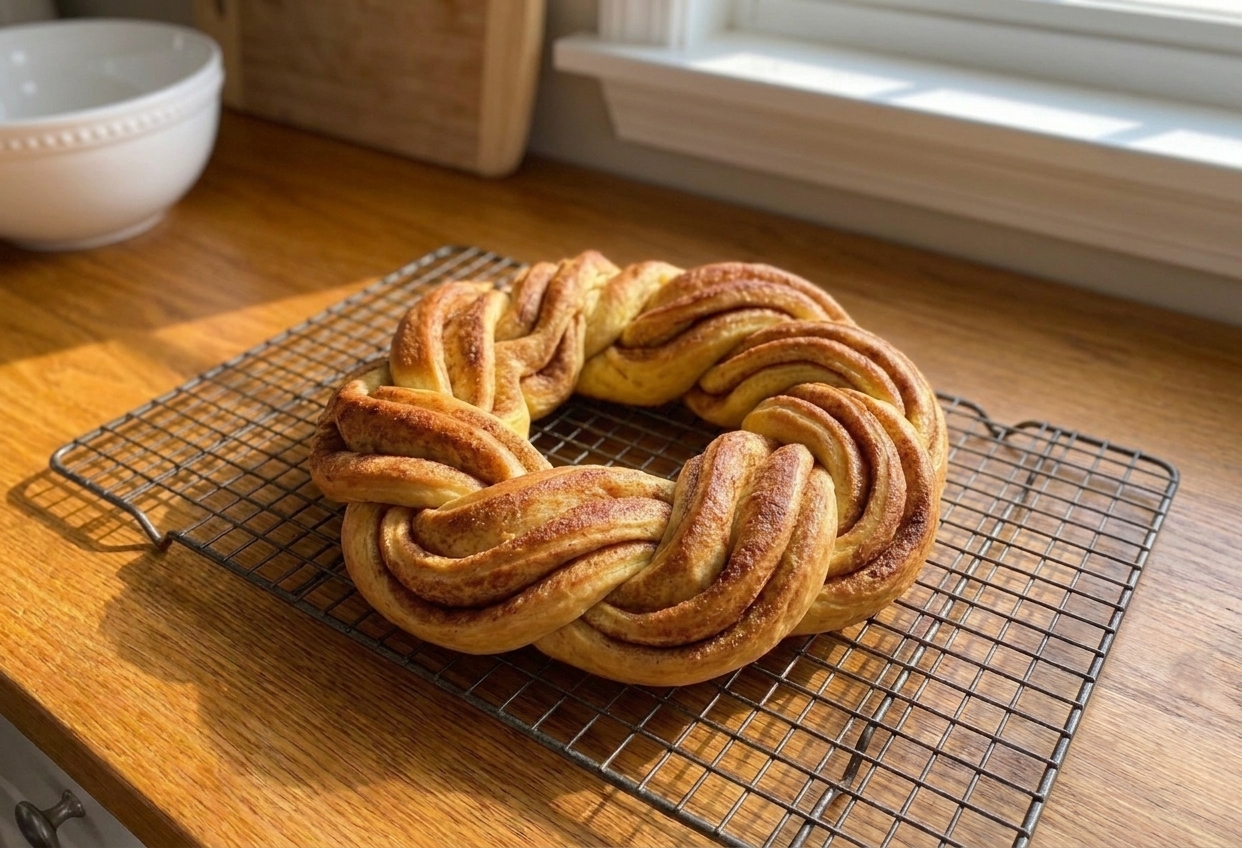 A golden brown braided king cake ring cooling on a wire rack in a home kitchen