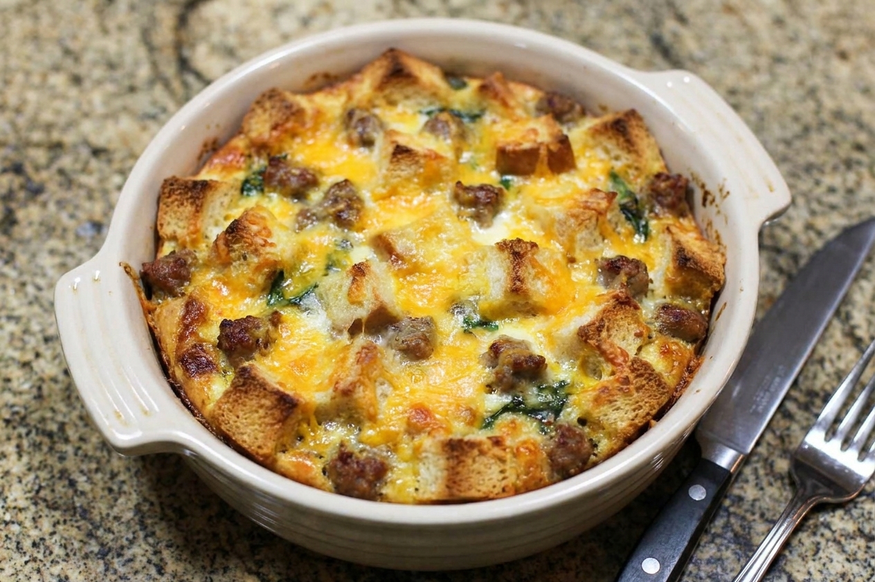 A golden-brown breakfast strata in a ceramic baking dish on a light stone countertop, with visible cubes of bread, melted cheddar, and browned sausage
