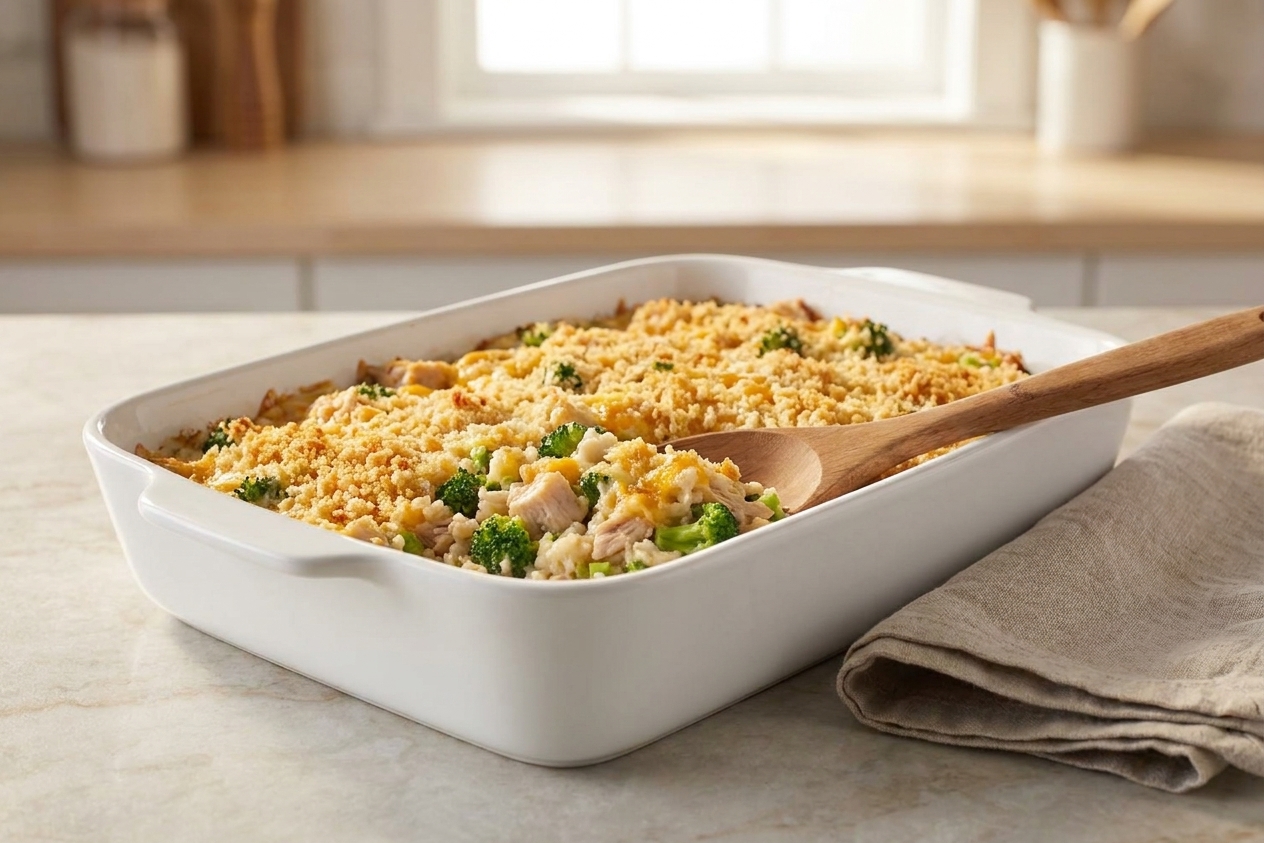 A golden-brown broccoli rice casserole with chicken in a white ceramic baking dish on a light kitchen counter, with a serving spoon and a simple linen napkin nearby