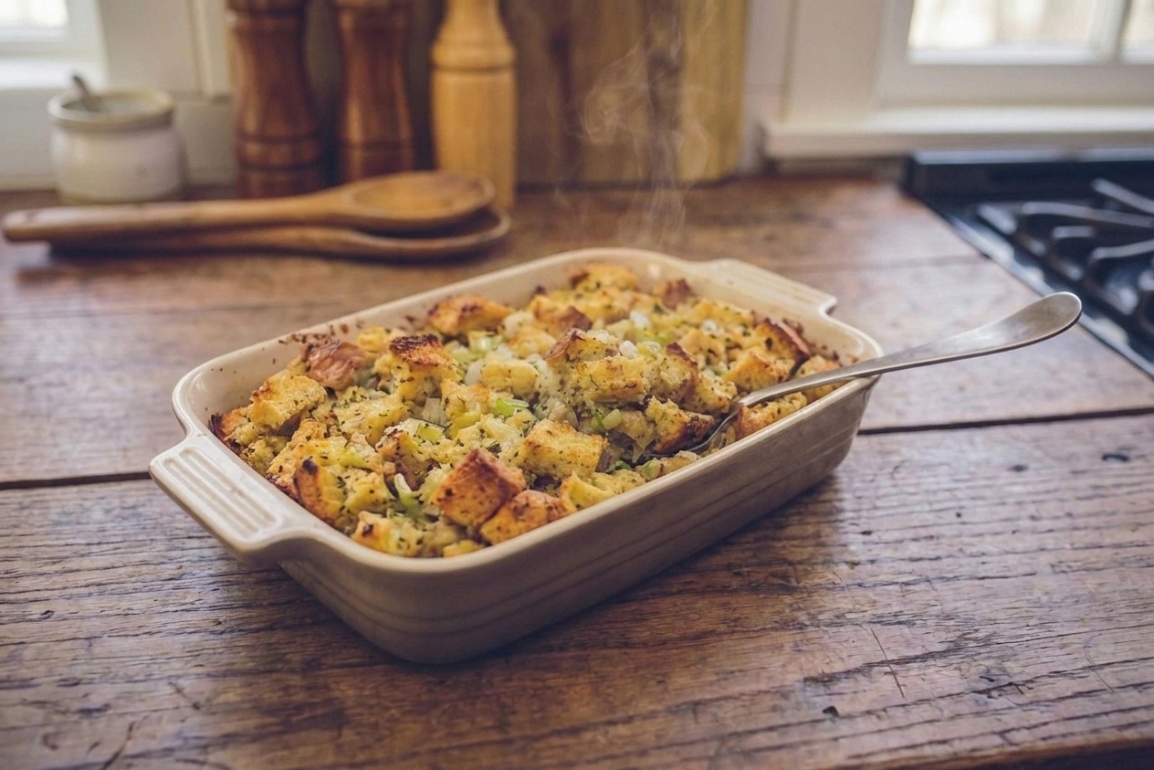 A golden brown casserole dish of classic turkey dressing with crisp edges and a rustic, craggy top resting on a warm wood table with a serving spoon nearby