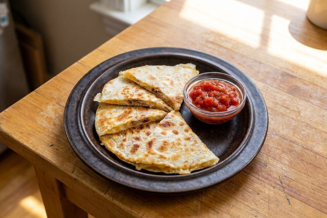 A golden-brown cheese quesadilla cut into wedges on a dark plate with a small bowl of salsa, on a warm-toned kitchen table
