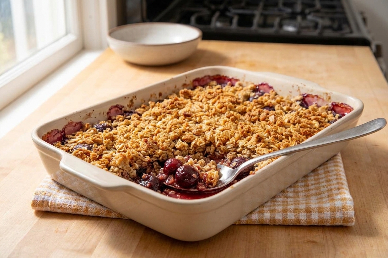 A golden-brown cherry crisp in a ceramic baking dish on a wooden kitchen counter, with bubbling cherry filling peeking through the oat crumble
