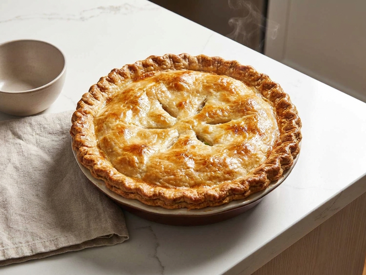 A golden-brown chicken pot pie fresh from the oven in a deep baking dish on a wooden kitchen counter with a flaky, crimped crust