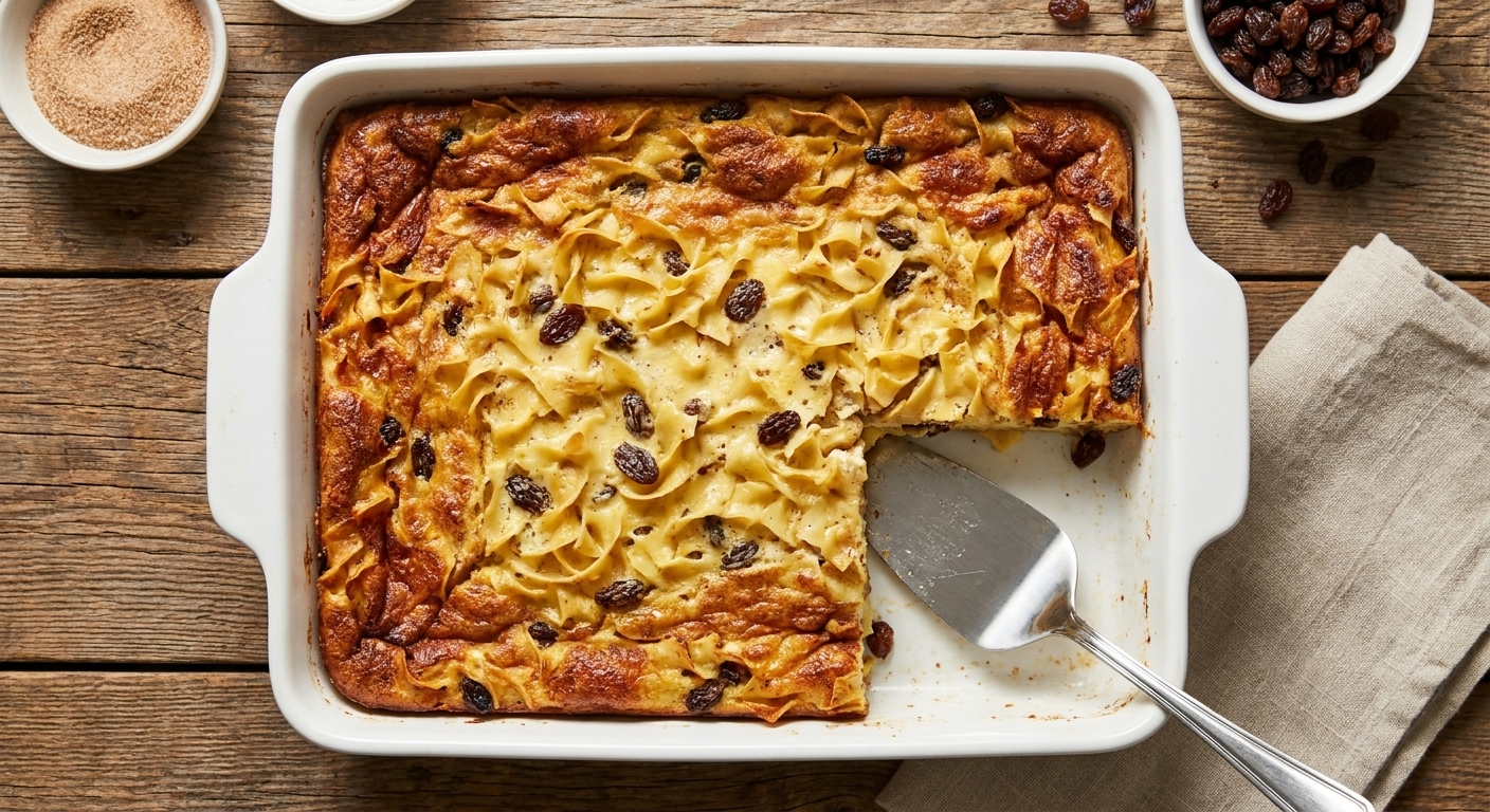 A golden-brown cinnamon raisin noodle kugel in a white baking dish on a wooden table, with a slice cut out showing a creamy custardy center and crisp topping