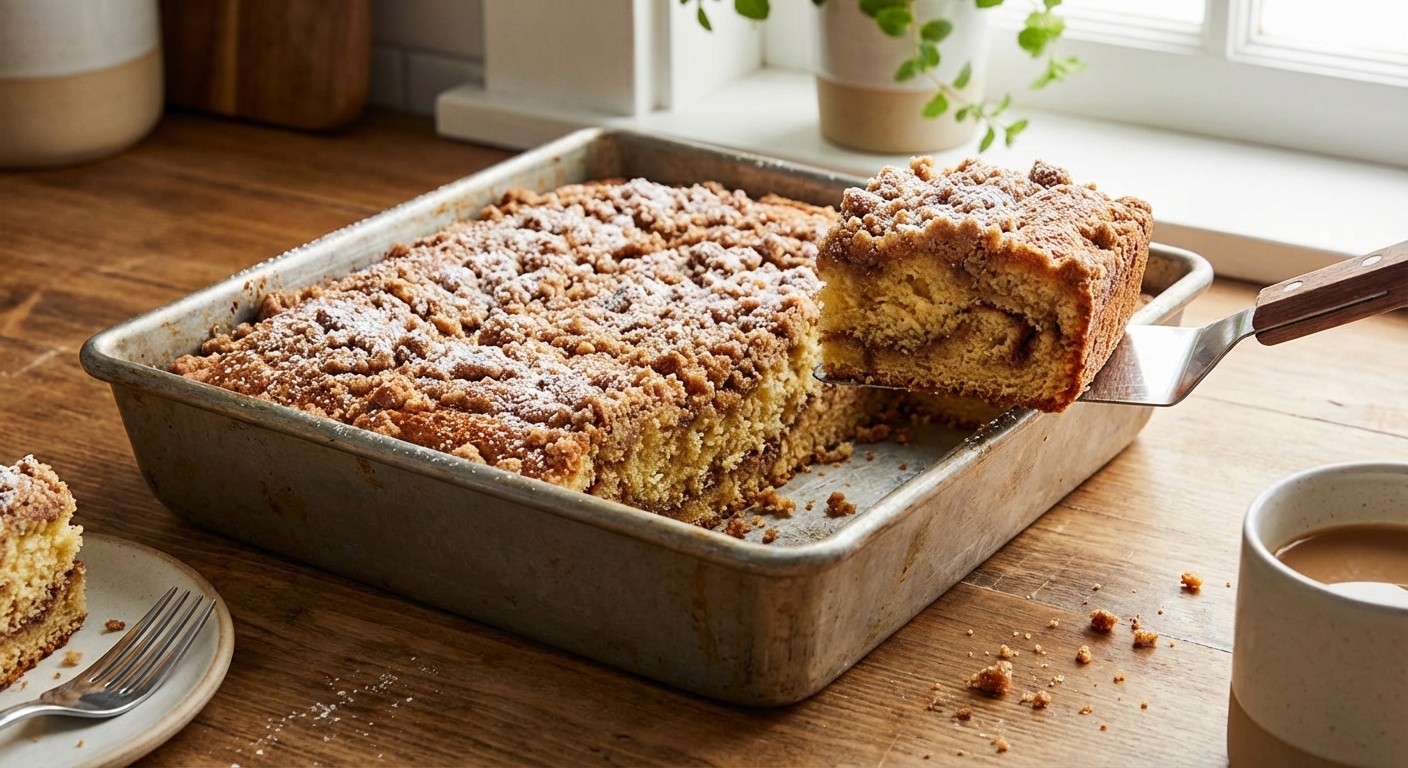 A golden brown classic coffee cake in a square baking pan with a thick cinnamon streusel crumb topping, one corner slice lifted out to show the tender interior, natural window light on a wooden kitchen counter, photorealistic food photography