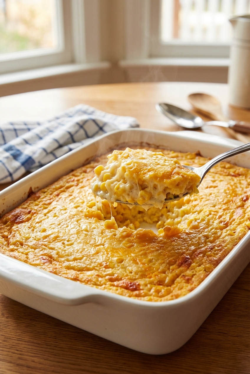 A golden-brown corn casserole in a white baking dish with a spoon scooping out a creamy portion