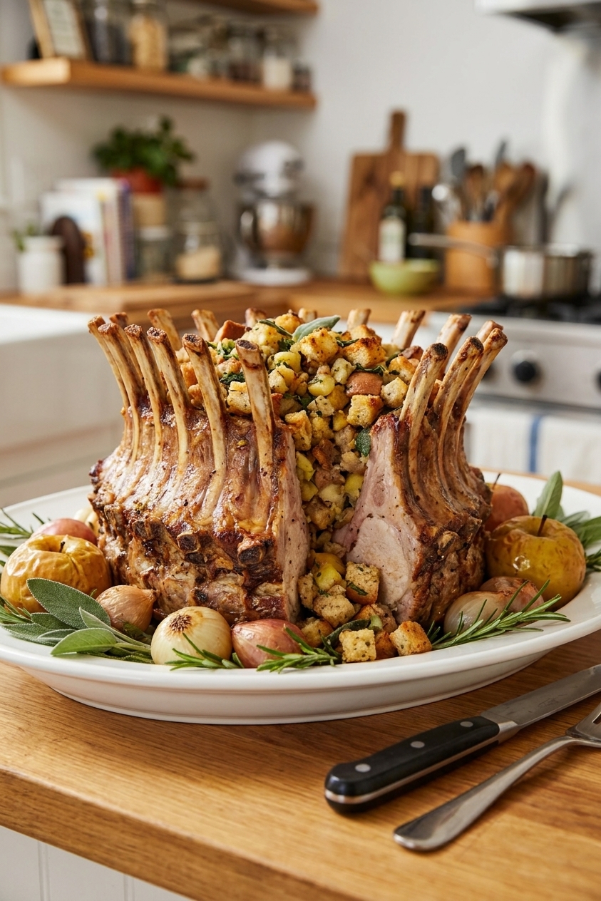 A golden-brown crown roast of pork on a white platter with crisp rib bones, the center filled with apple and sage stuffing, surrounded by roasted apples and herbs, warm kitchen lighting