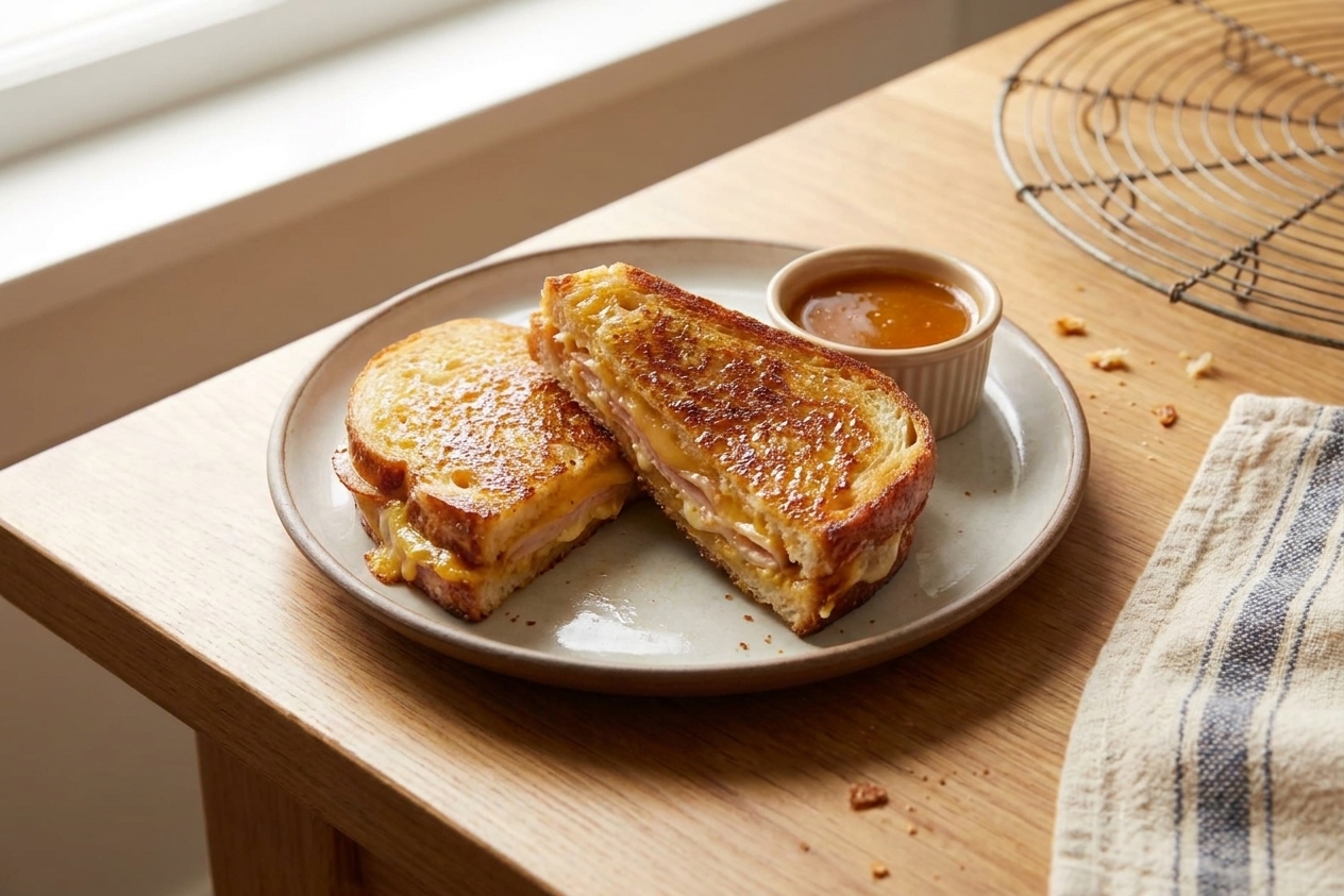 A golden-brown, glossy pan-toasted sandwich cut in half on a plate with a small ramekin of tangy shiny sauce, on a warm kitchen table with soft natural light