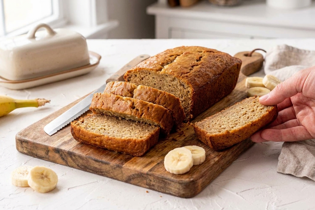 A golden brown gluten free banana loaf sliced on a wooden cutting board with a few banana slices nearby on a bright kitchen counter