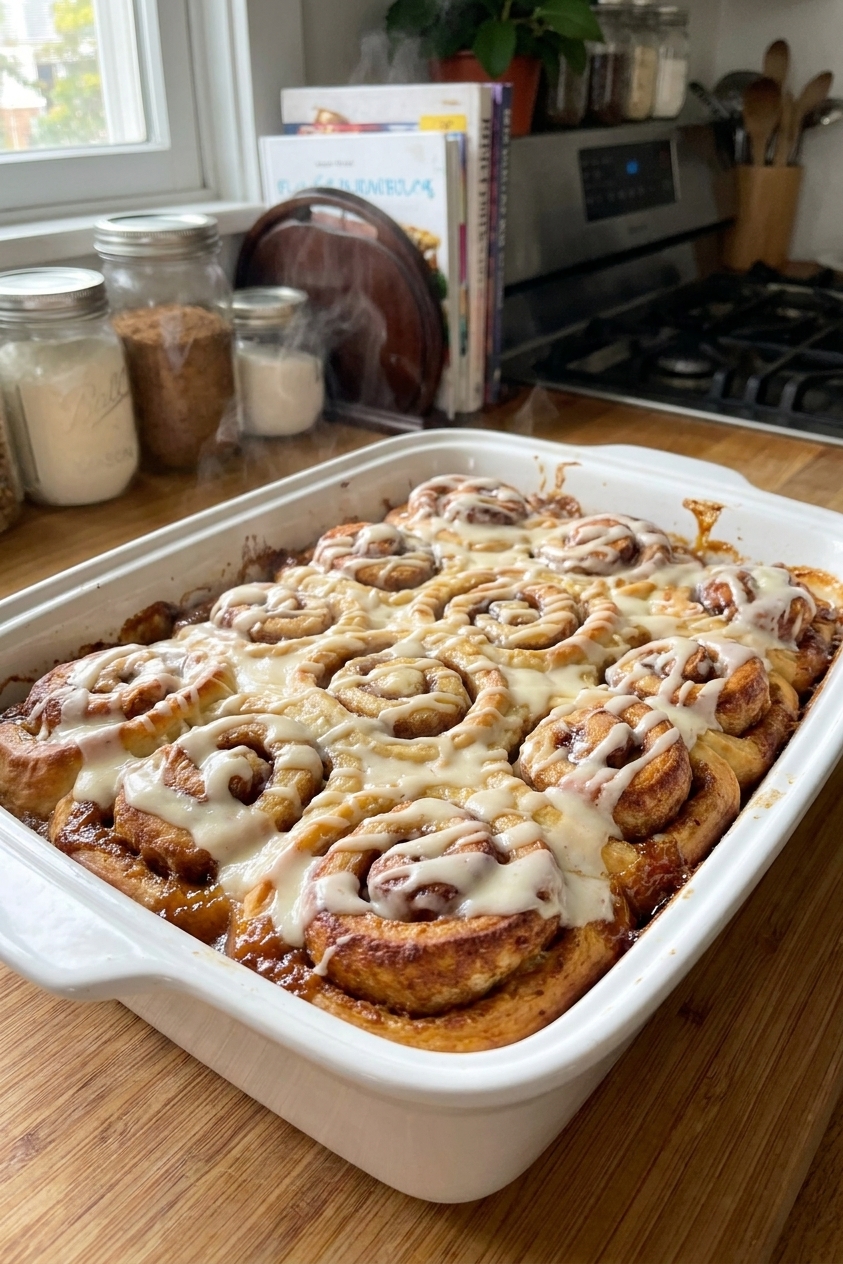 A golden-brown gooey cinnamon roll casserole in a white baking dish with cream cheese icing drizzled over the top on a cozy kitchen counter, real food photography
