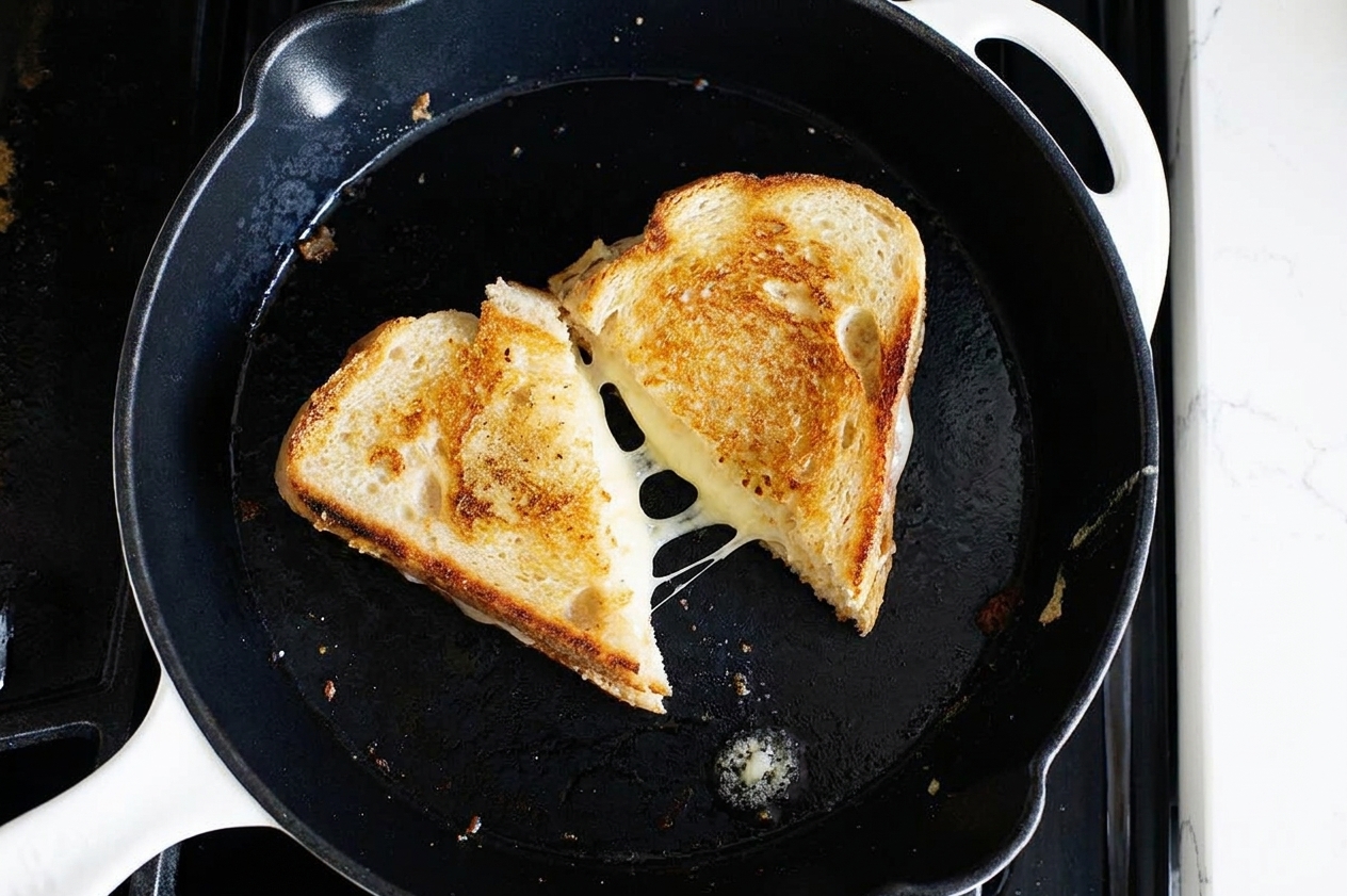 A golden brown grilled cheese sandwich in a cast iron skillet with melted cheese just starting to ooze at the cut edge, warm kitchen lighting