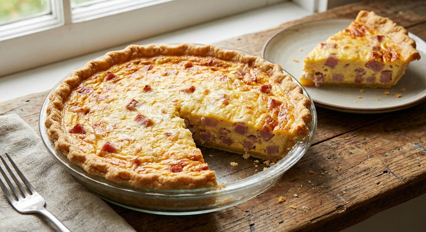 A golden-brown ham and cheese quiche in a glass pie dish on a wooden counter, one slice removed to show the creamy custard and flaky crust, natural window light, real food photography