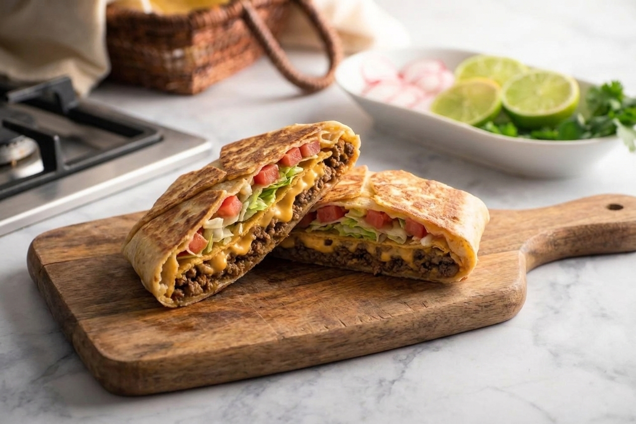 A golden brown homemade Crunchwrap cut in half on a wooden cutting board, showing layers of seasoned beef, nacho cheese, lettuce, and tomato on a kitchen counter