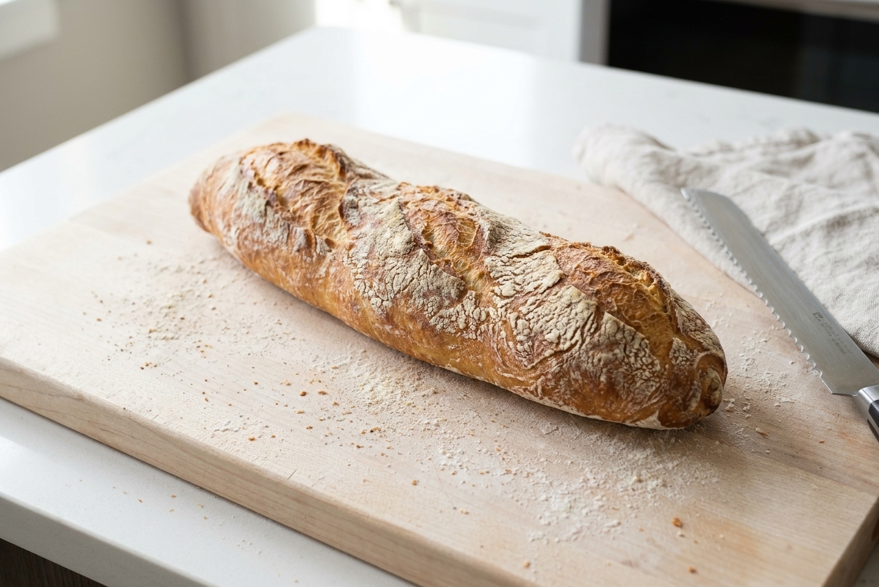 A golden-brown homemade baguette with a crackly crust resting on a wooden cutting board on a bright kitchen counter