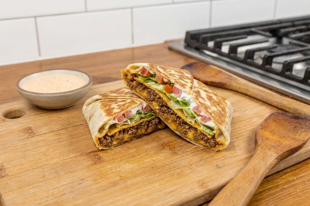 A golden-brown homemade crunchwrap cut in half on a wooden cutting board, showing layers of seasoned beef, melted cheese, lettuce, and a crunchy tostada center, with a small bowl of sauce nearby