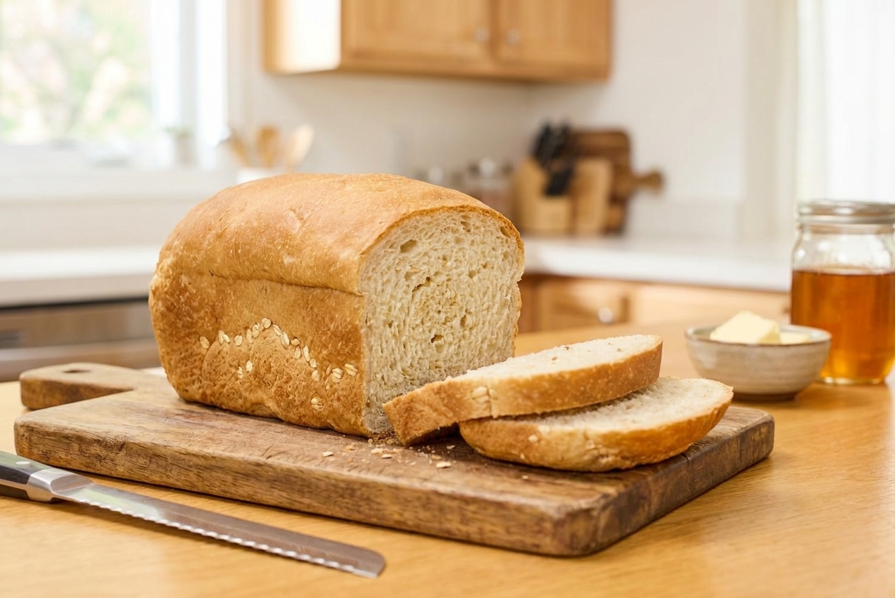 A golden brown honey oat sandwich bread loaf on a wooden cutting board with a few slices cut, soft crumb visible, in a bright home kitchen