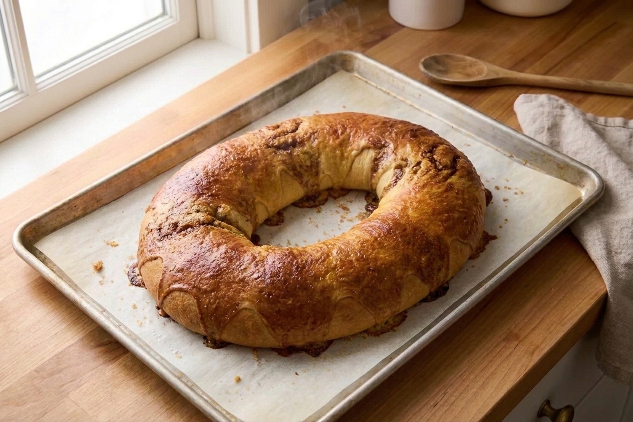 A golden brown king cake ring cooling on a parchment-lined baking sheet on a kitchen counter