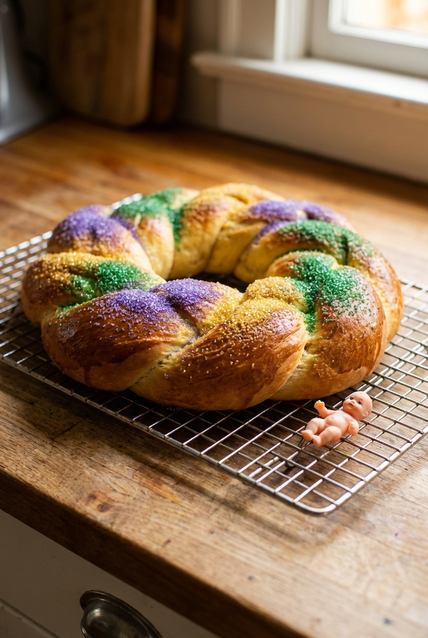 A golden brown king cake ring cooling on a wire rack