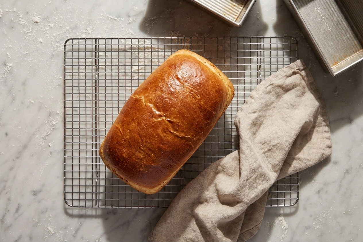 A golden-brown loaf of Amish white bread cooling on a wire rack on a warm kitchen counter with a linen towel nearby