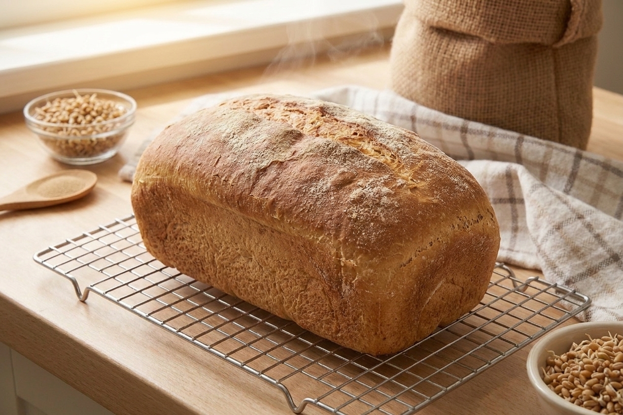 A golden brown loaf of Ezekiel bread cooling after baking, with a firm top crust and a classic loaf shape