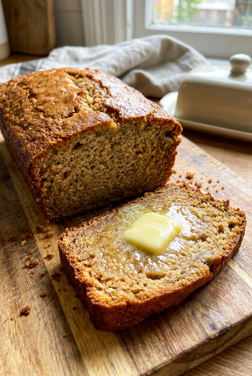 A golden brown loaf of banana bread sliced on a wooden cutting board with a pat of butter melting on a warm slice