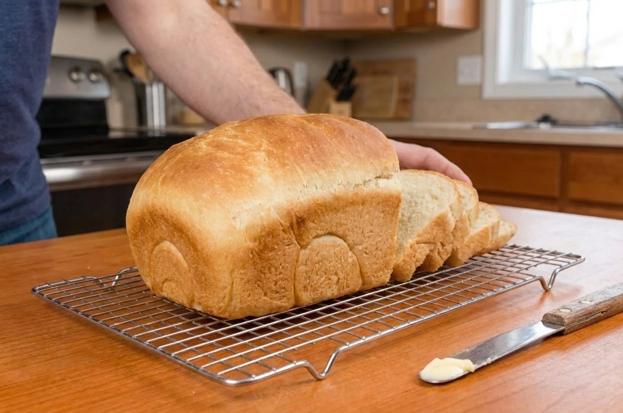 A golden brown loaf of homemade potato bread cooling on a wire rack on a warm kitchen counter