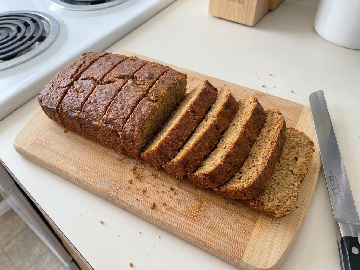 A golden brown loaf of keto bread sliced on a wooden cutting board with a few slices fanned out, on a bright home kitchen counter