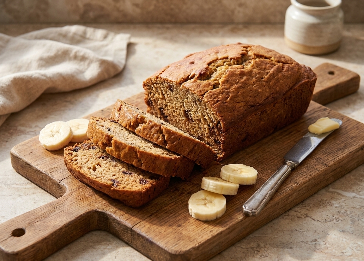 A golden brown loaf of sour cream banana bread sliced on a wooden cutting board with a few banana slices and a butter knife nearby, warm kitchen counter lighting