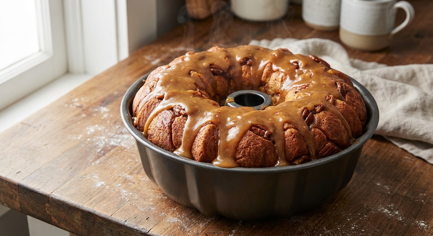A golden brown monkey bread loaf in a Bundt pan on a wooden counter with gooey caramel glaze pooling in the center