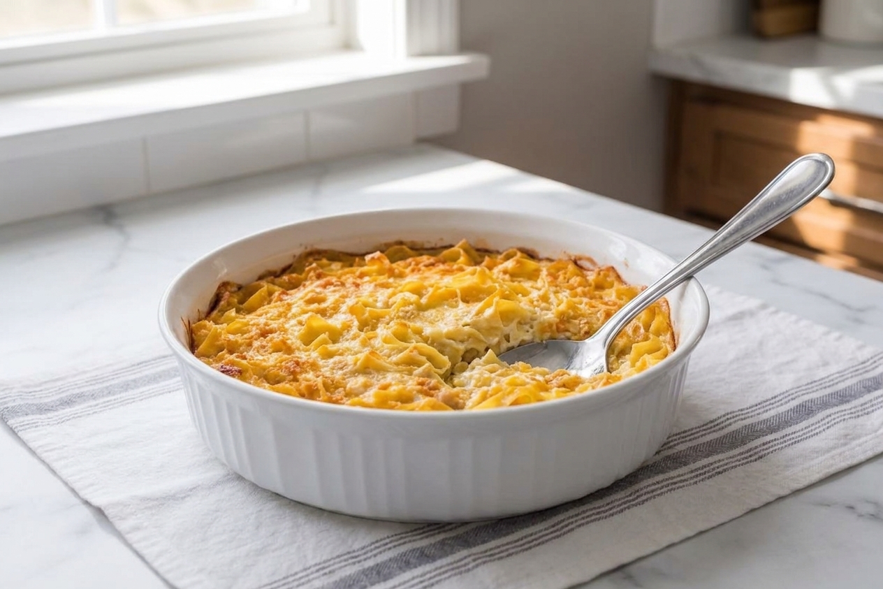 A golden-brown noodle kugel baked in a ceramic casserole dish on a warm kitchen counter, crisp edges visible with a serving spoon nearby