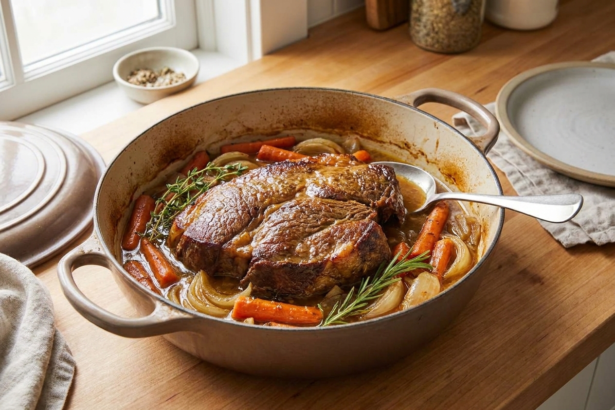 A golden-brown oven-braised chuck roast resting in a Dutch oven with carrots, onions, and glossy gravy, set on a warm wooden kitchen counter with soft natural light