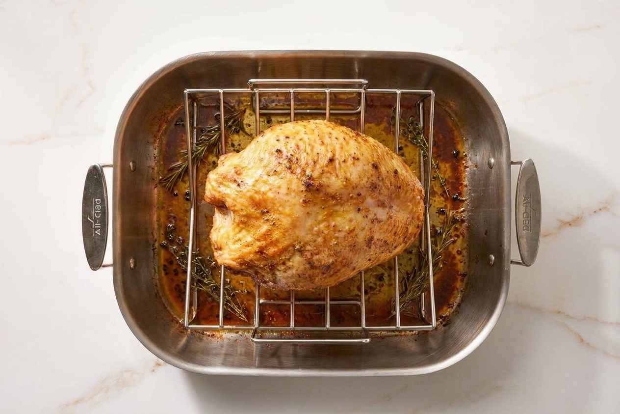A golden brown oven roasted turkey breast resting in a roasting pan with herbs and pan juices on a bright kitchen counter
