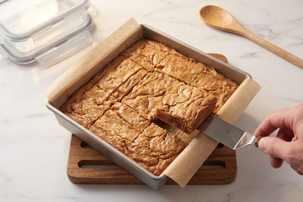 A golden-brown pan of blondies with a crackly top and crisp edges, sliced into squares on a parchment-lined baking pan on a warm-toned kitchen counter