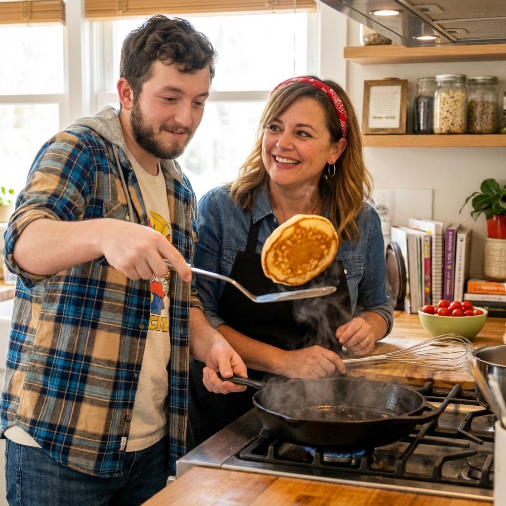 A golden-brown pancake being flipped with a spatula in a cast iron skillet on a stovetop