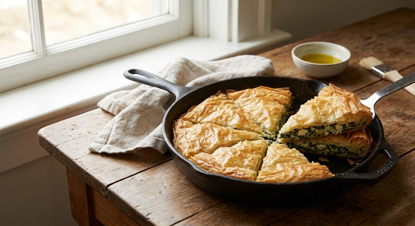 A golden brown phyllo dough skillet pie with crinkled crisp layers, sliced into wedges with spinach and feta filling visible, on a rustic wooden table with a simple linen napkin