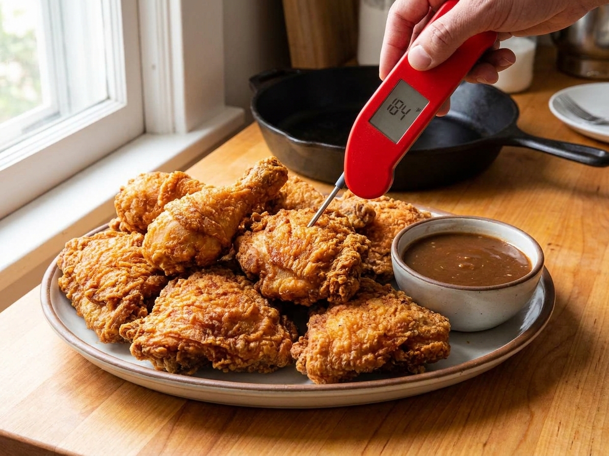 A golden brown pile of crispy fried chicken pieces on a platter with a small bowl of gravy on a warm kitchen table, natural window light