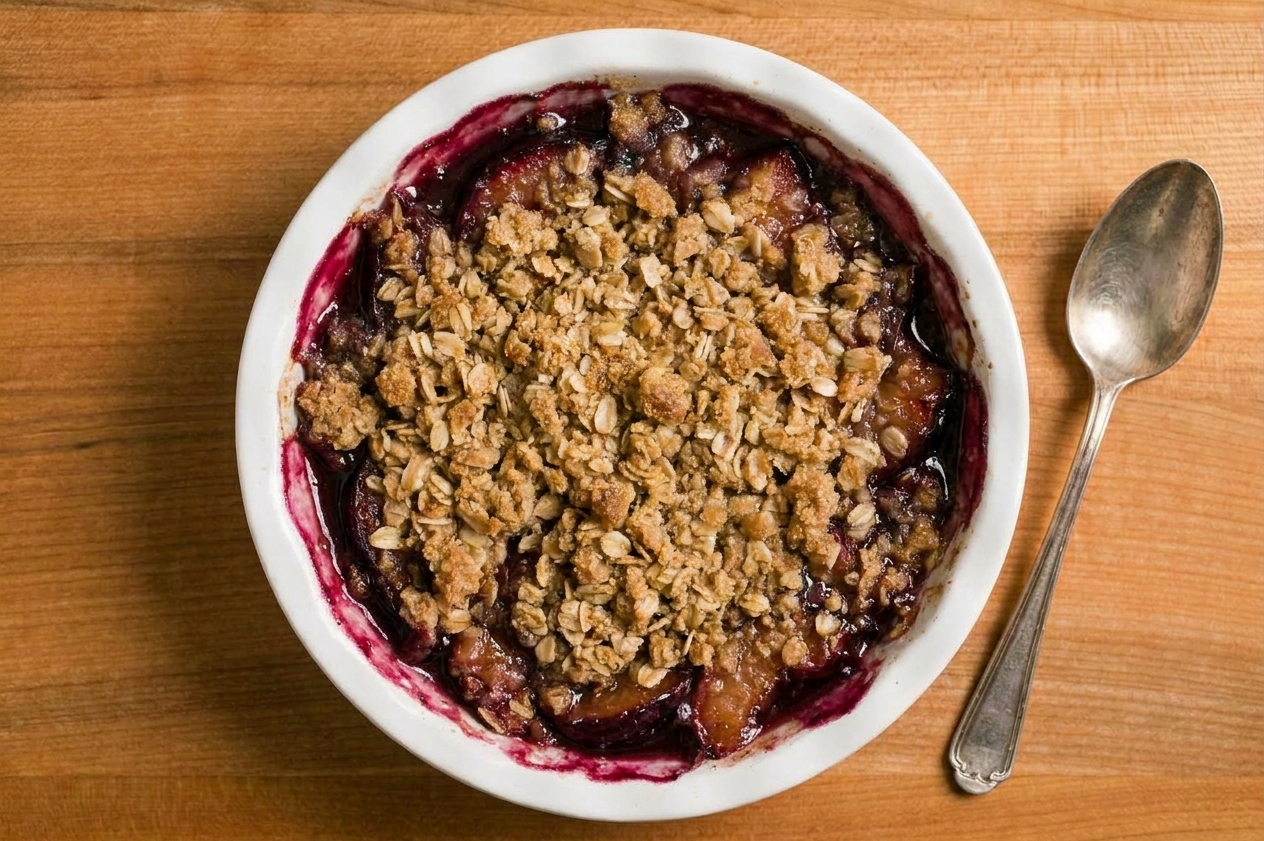 A golden-brown plum crisp in a white ceramic baking dish on a wooden table, with jammy purple-red fruit bubbling around the edges and a spoon resting nearby