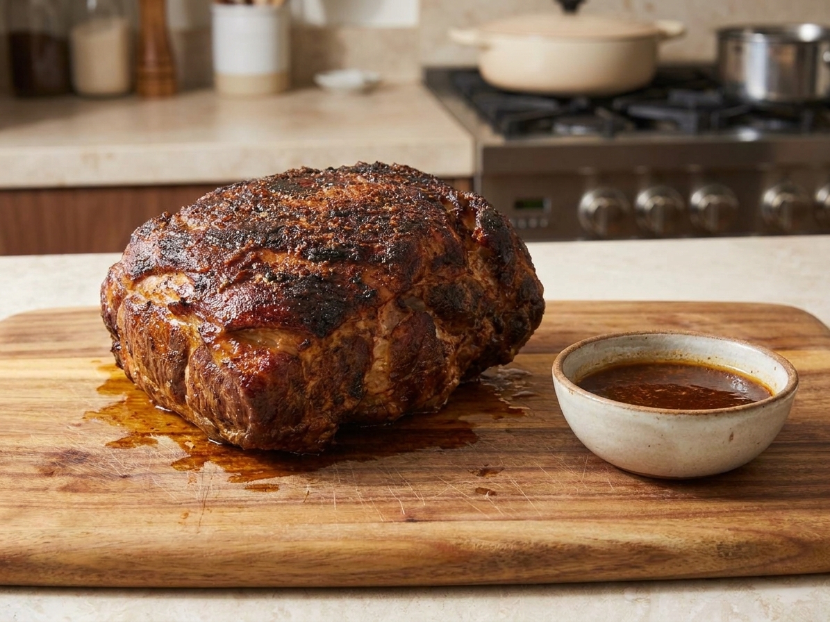 A golden brown pork butt roast resting on a cutting board with pan juices nearby, set on a warm kitchen counter