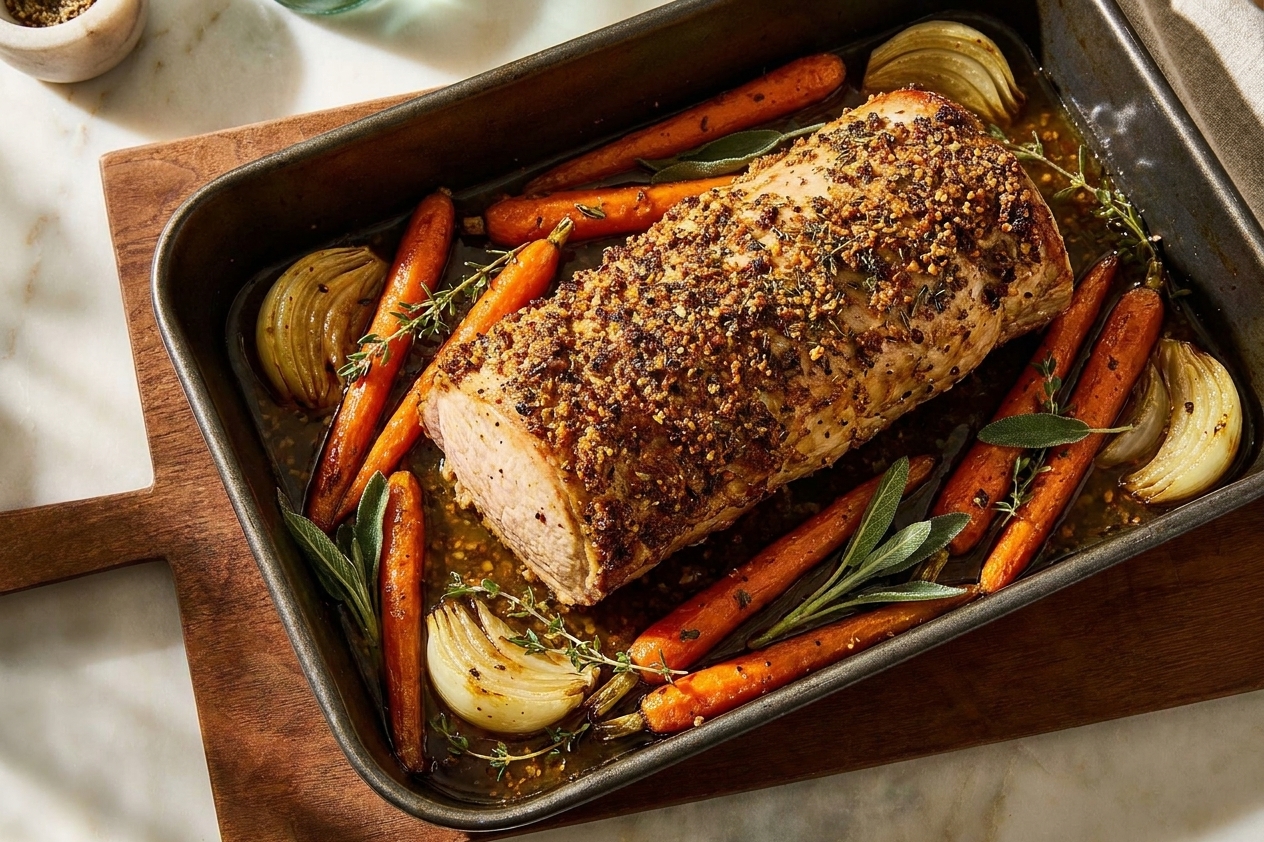 A golden-brown pork loin roast resting in a roasting pan with carrots and onions, with glossy pan juices and fresh herbs