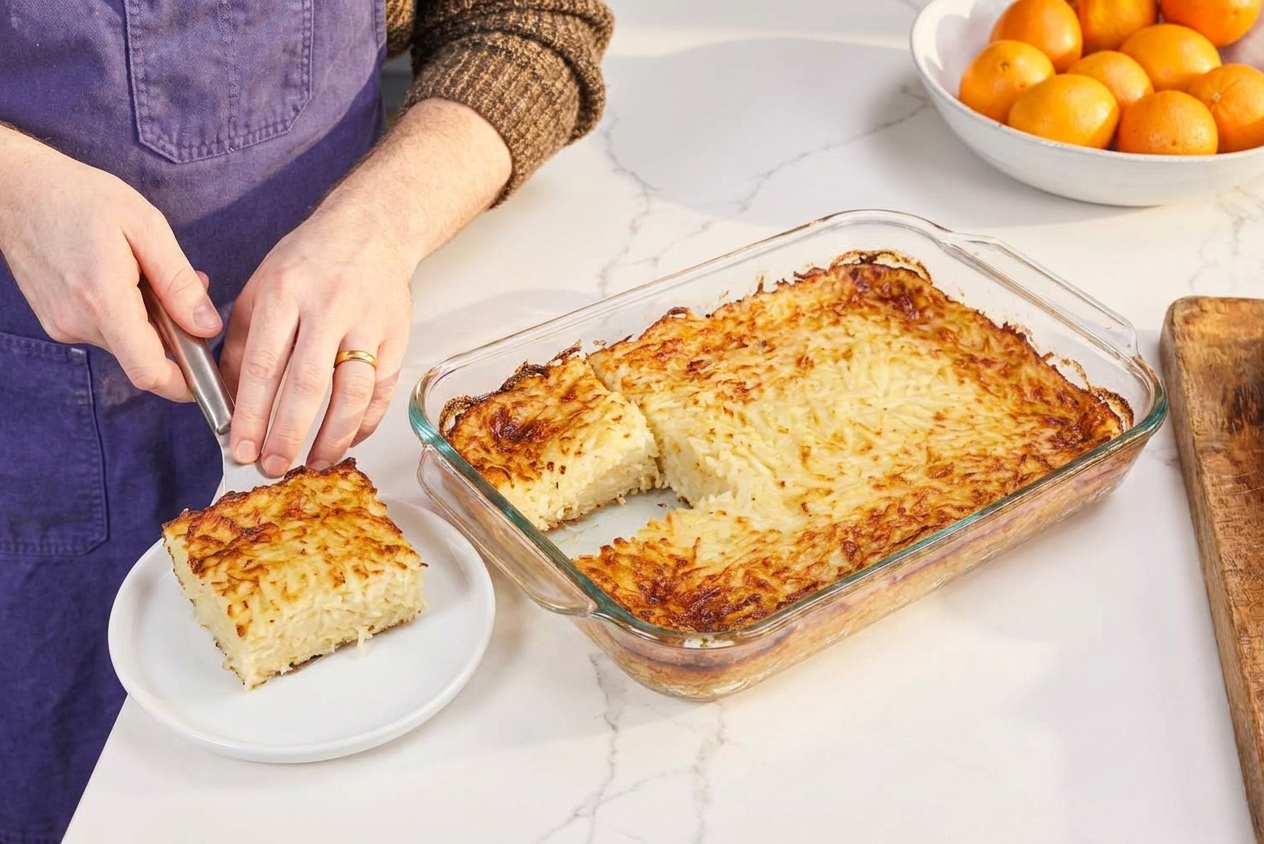 A golden brown potato kugel baked in a rectangular casserole dish with crisp edges and a few slices cut out, sitting on a neutral kitchen counter in warm natural light
