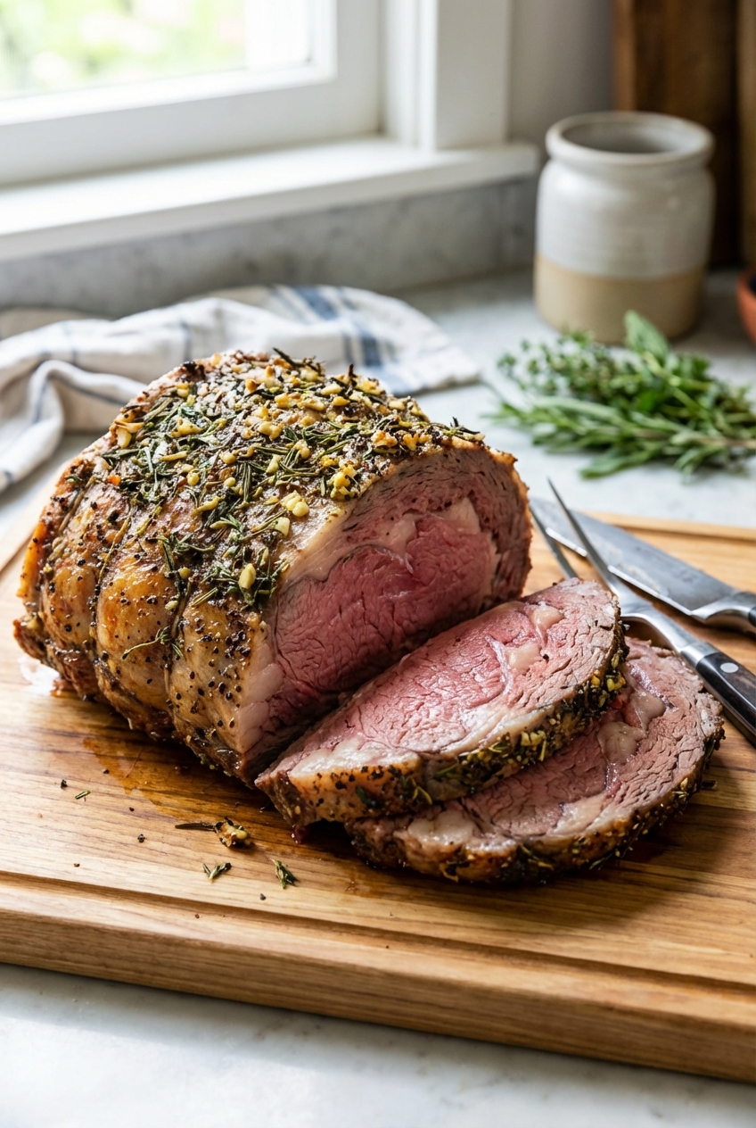 A golden-brown prime rib roast resting on a cutting board with visible herb-spice crust and sliced ends