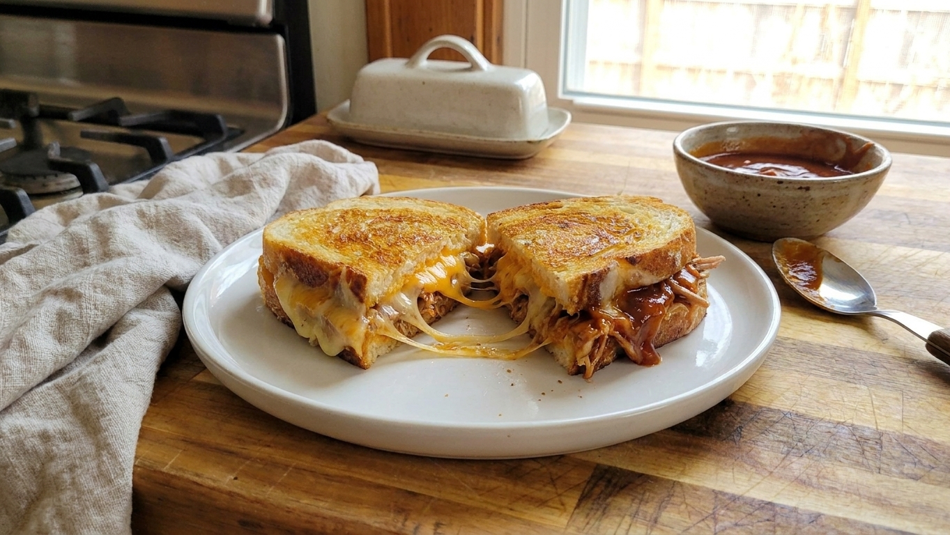 A golden brown pulled pork grilled cheese sandwich cut in half on a plate, with melted cheese stretching and saucy shredded pork visible in the center