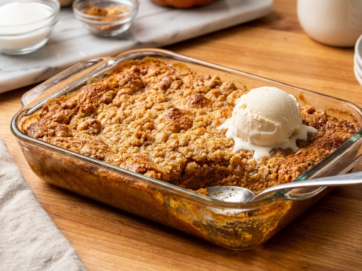 A golden-brown pumpkin dump cake in a glass baking dish with crisp buttery peaks and a scoop of vanilla ice cream on the side, on a warm-toned kitchen counter